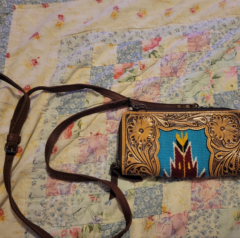 Beautiful Wallet Sized Crossbody Western Leather Blue And Brown Purse